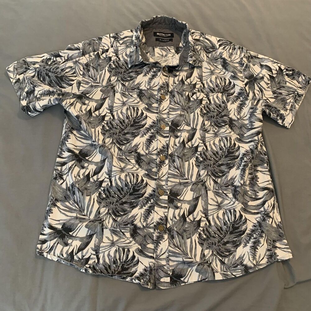 Bristol Club Shirt Mens XL White‎ Black Gray Leaf Print Button Up Casual Cotton